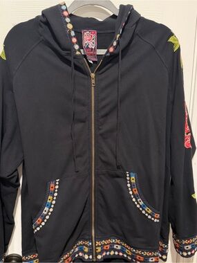 JWLA Johnny Was Zip Hoodie Jacket Embroidered Floral Boho Black Size 1X